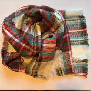 Plaid cashmere blend oversize fringe blanket scarf shawl wrap travel winter fall